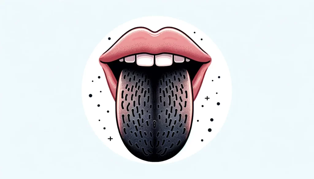 An illustration of a human tongue with small, hair-like structures called filiform papillae stained by certain bacteria, resulting in a black appearan