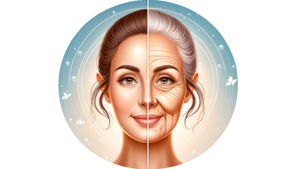 An illustration representing skin aging in a friendly, memorable, and uncomplicated style. The image should depict a clear contrast between youthful a