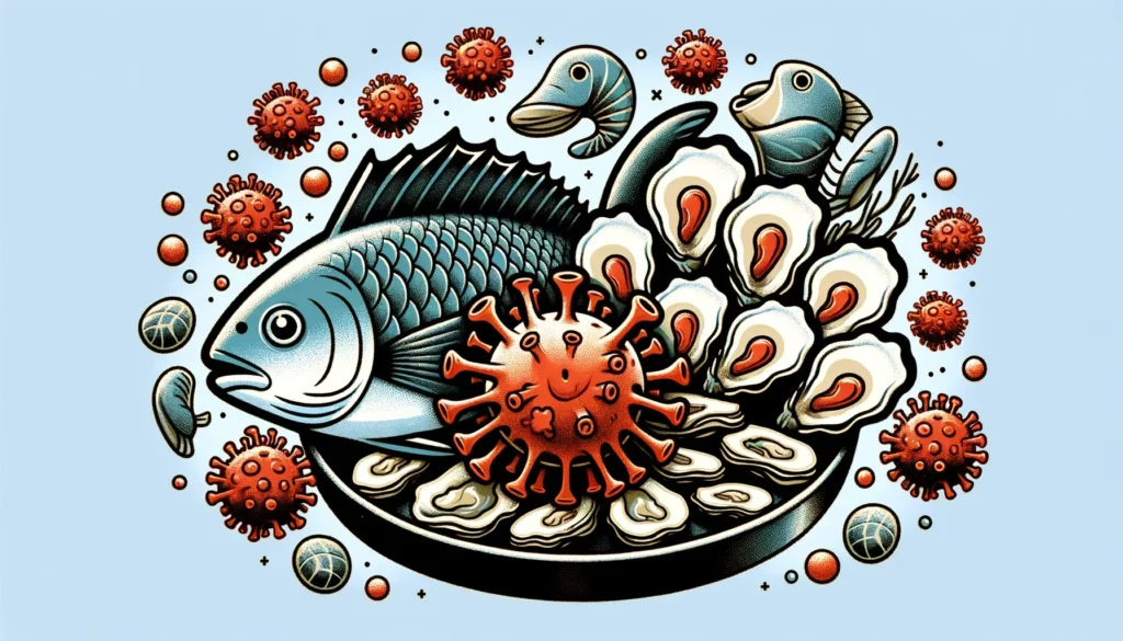 An illustration representing the concept of Norovirus found in raw fish and undercooked oysters. The image should include raw fish and oysters, emphas