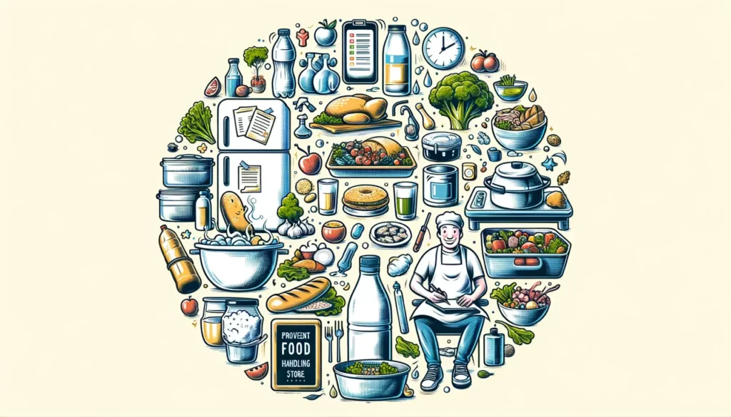 An illustration representing the importance of proper food handling and storage for preventing food contamination and poisoning. The image should conv