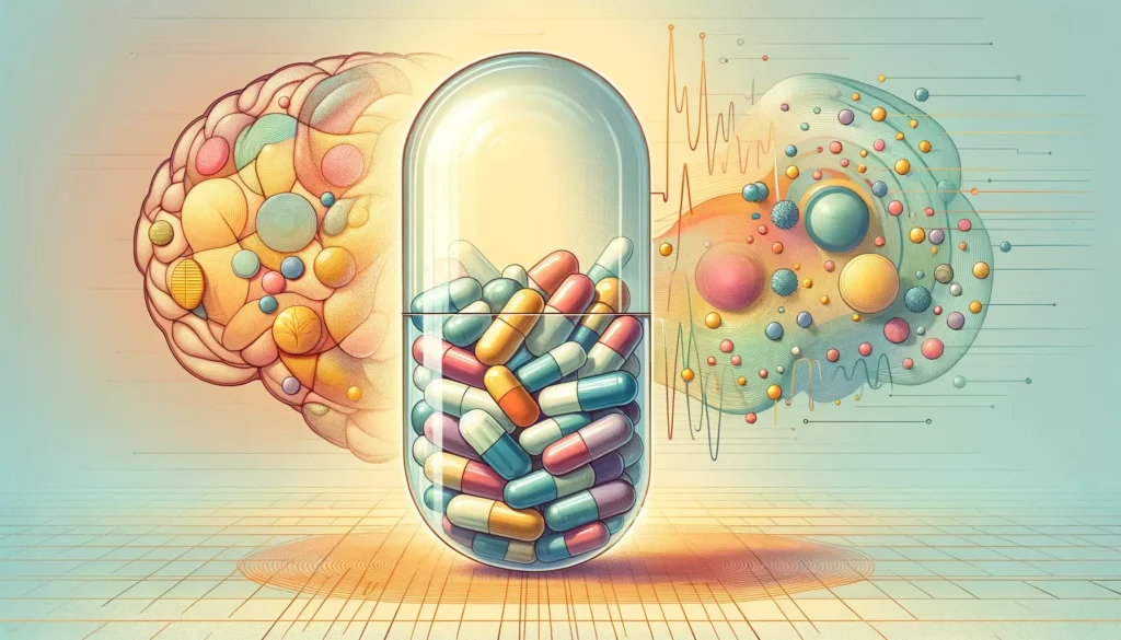 An illustration that embodies the concept of future research on the memory-protecting effects of multivitamins. The image should be wide, memorable, a