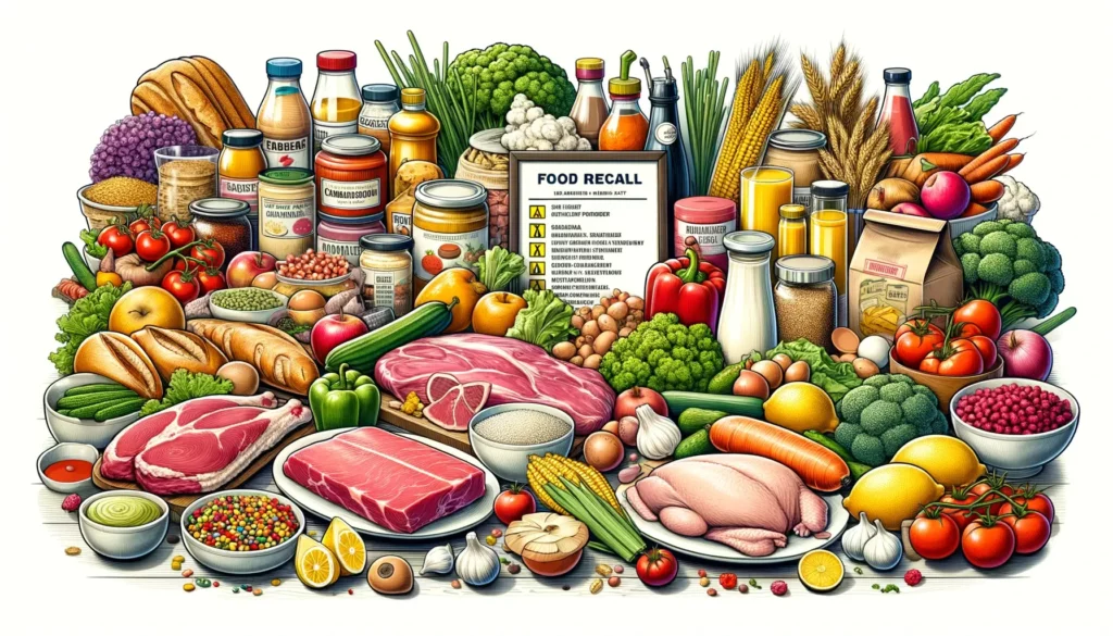 An illustrative, friendly and memorable image representing the 2023 food recall list announced by the FDA. The image includes various food items such