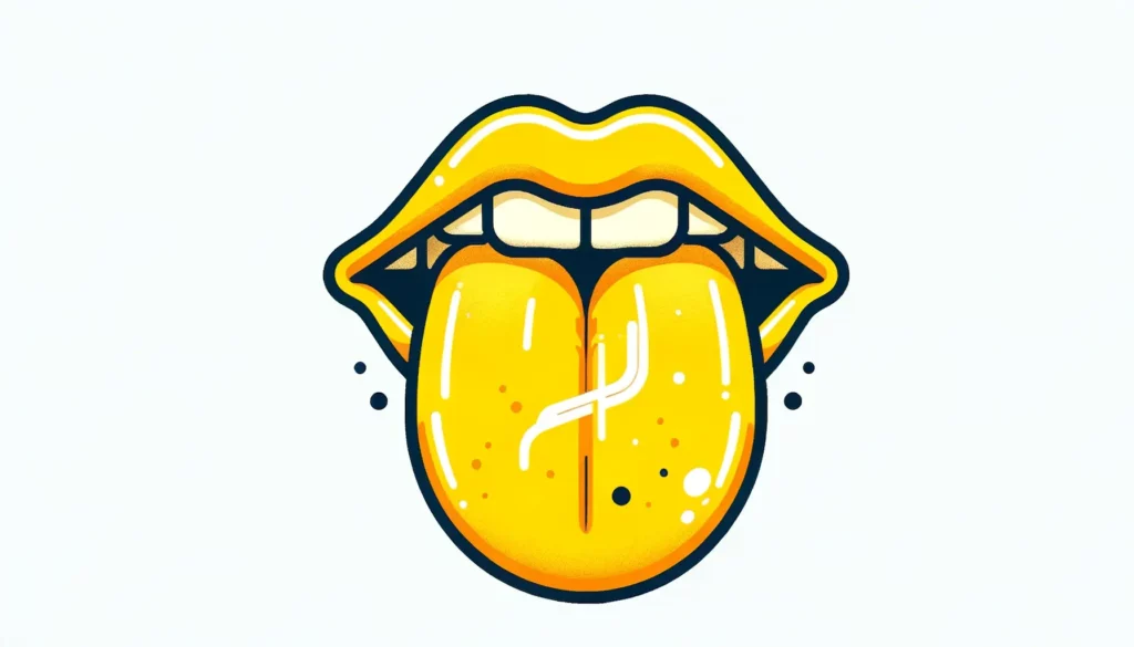 An illustrative, simple, and friendly image depicting the concept of a yellow tongue. The image should subtly reference smoking, certain foods, and po
