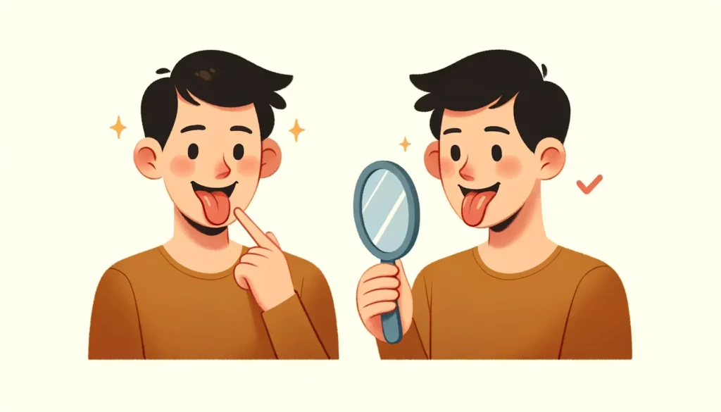 An image featuring a friendly, simple illustration of a person checking their health by examining their tongue. The person should be depicted in a war