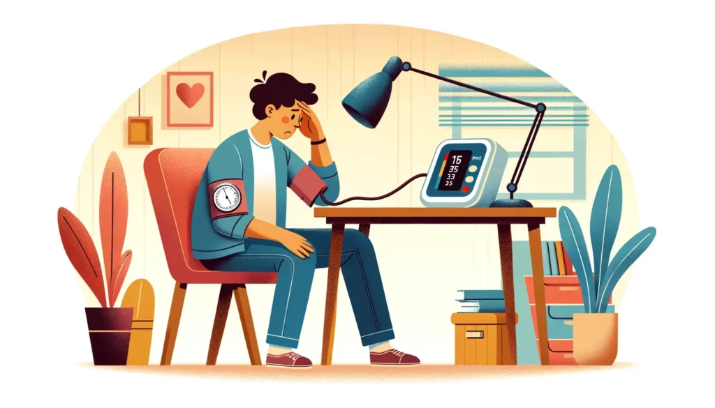 A cartoon illustration of a person sitting at a desk, looking worriedly at a blood pressure monitor that shows high readings. The person is holding th