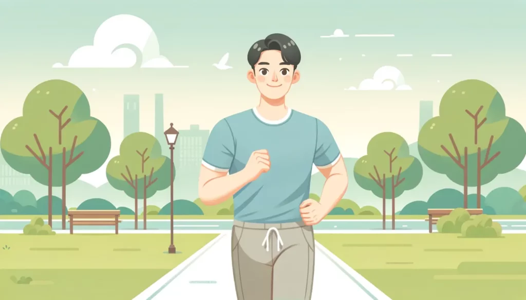 A friendly-looking Korean man jogging in a park during the morning. The illustration is simple and not too complex, conveying a warm and approachable