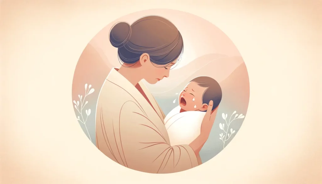 A gentle and heartwarming illustration of a newborn baby crying in the arms of their mother, emphasizing a moment of care and tenderness. The setting