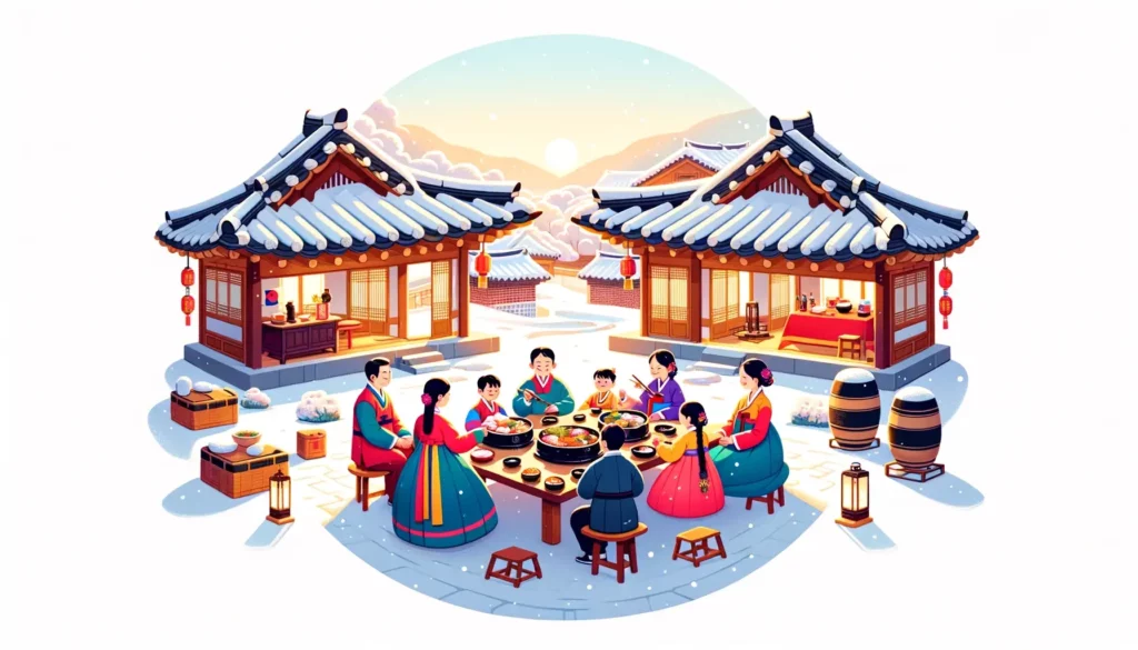 A heartwarming and simple illustration capturing the essence of Korean Lunar New Year, Seollal. The scene is set in a traditional Korean house, known