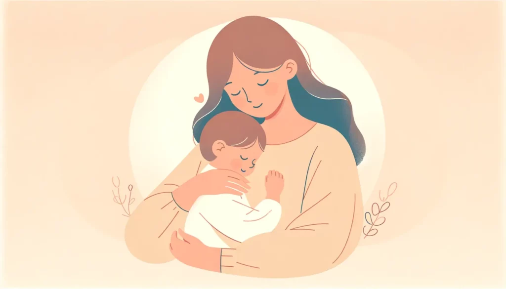 A heartwarming illustration depicting a mother lovingly holding her child. The image is designed with simplicity and warmth in mind, capturing a tende