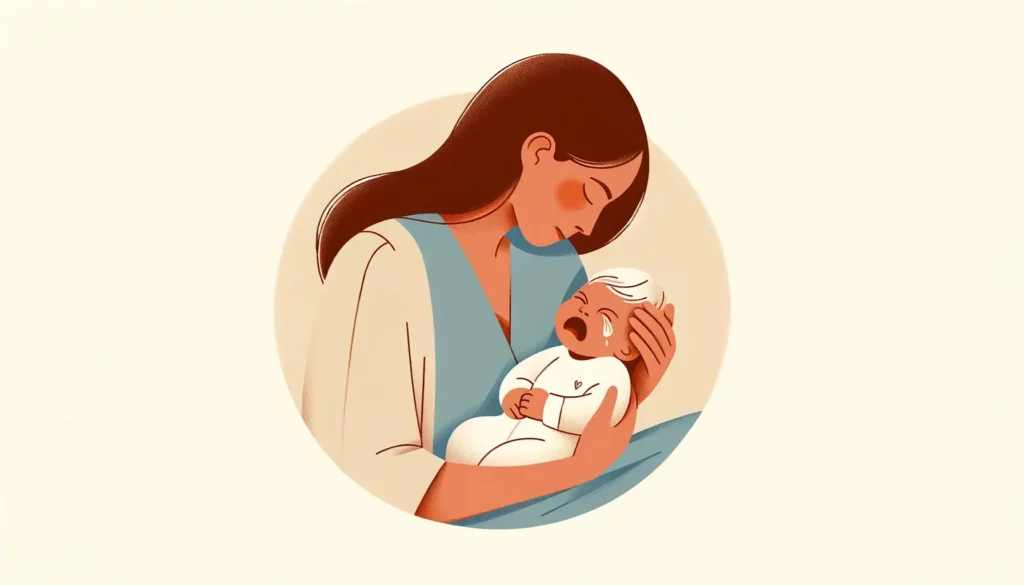 A heartwarming illustration depicting a newborn baby crying in the arms of a loving mother. The image captures a tender moment, emphasizing the close