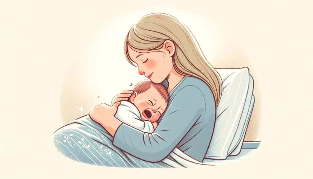 A tender and heartwarming illustration depicting a newborn baby crying in the comforting embrace of their mother. The image should capture the intimat