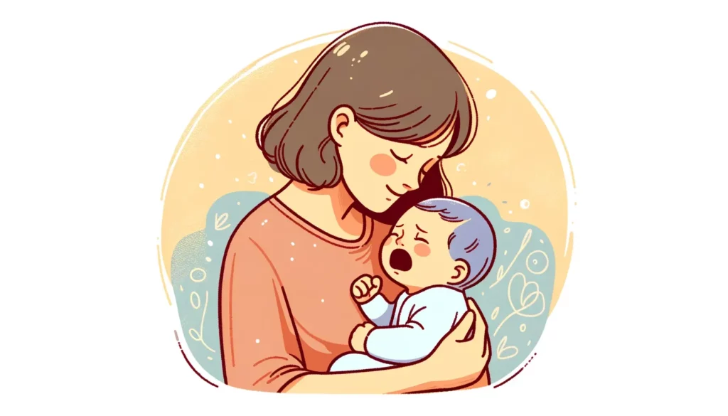 A warm and friendly illustration depicting a newborn baby crying in the embrace of its mother. The image should capture a tender and comforting moment