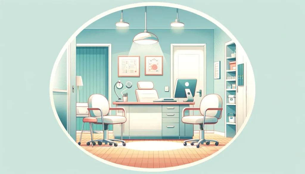 A welcoming and simple illustration of a doctor's office in a hospital, capturing a friendly atmosphere. The room is well-lit, with a desk, a computer