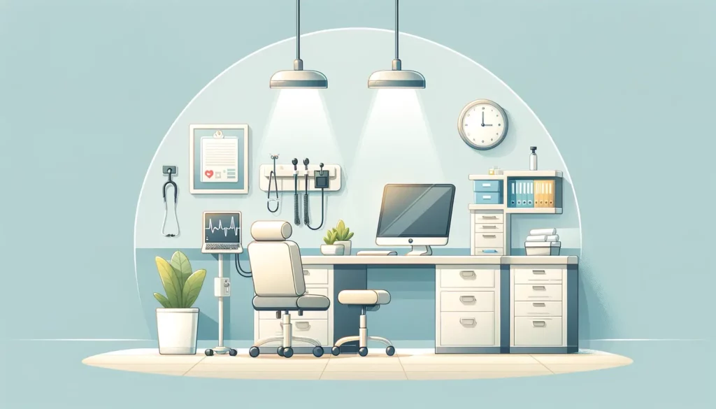 A welcoming and simple illustration of a doctor's office within a hospital, showcasing a clean and organized space. The room should include a desk wit