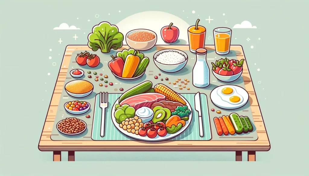 A wide, inviting illustration depicting a balanced meal on a table. The image features a variety of food groups including vegetables, fruits, grains,