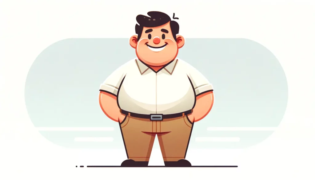 An illustration of a cheerful, slightly overweight man standing confidently with a big smile on his face. The man is depicted in a simple, clean style