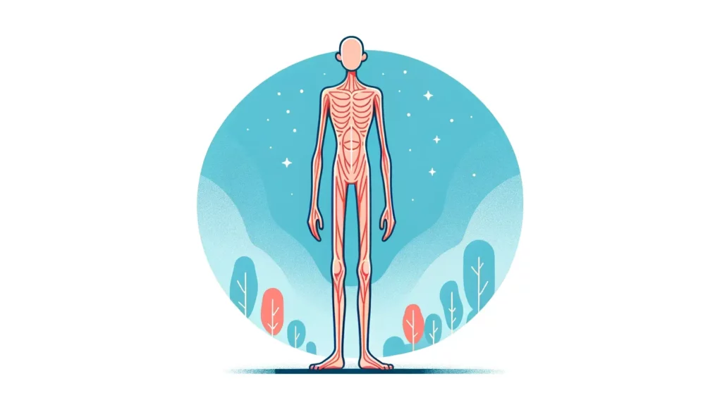 An illustration that encompasses Marfan syndrome, featuring a tall figure with long limbs and a sunken chest, representing the characteristic body sha