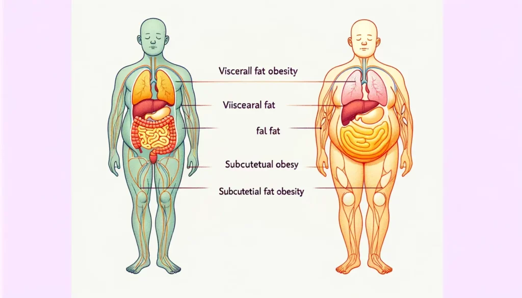 An illustration that visually distinguishes between visceral fat obesity and subcutaneous fat obesity in a clear, simple, and friendly manner. The ima