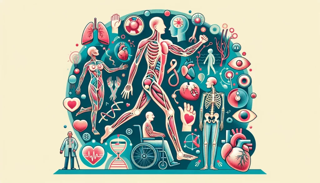 Create a wide, friendly, and memorable illustration that encapsulates Marfan Syndrome, a genetic disorder affecting various tissues in the body, inclu